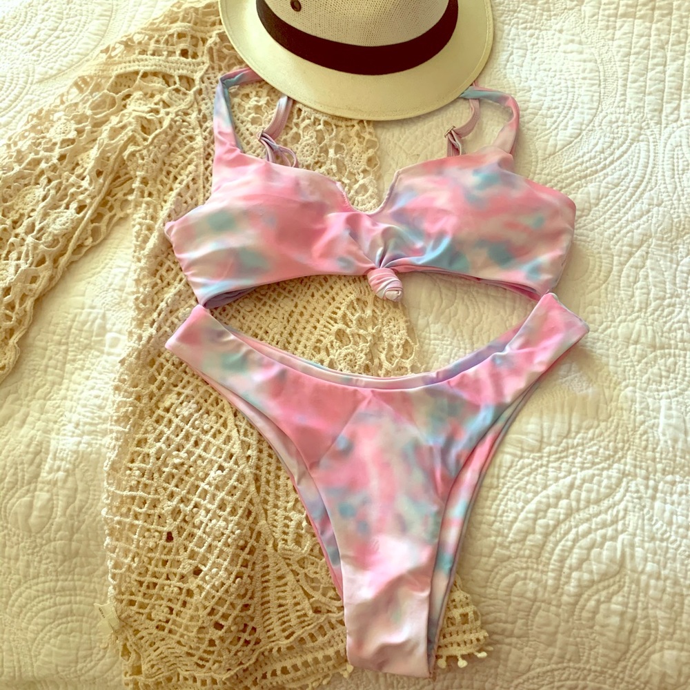 Tie Dye Knotted High Leg Tank Bikini Swimsuit